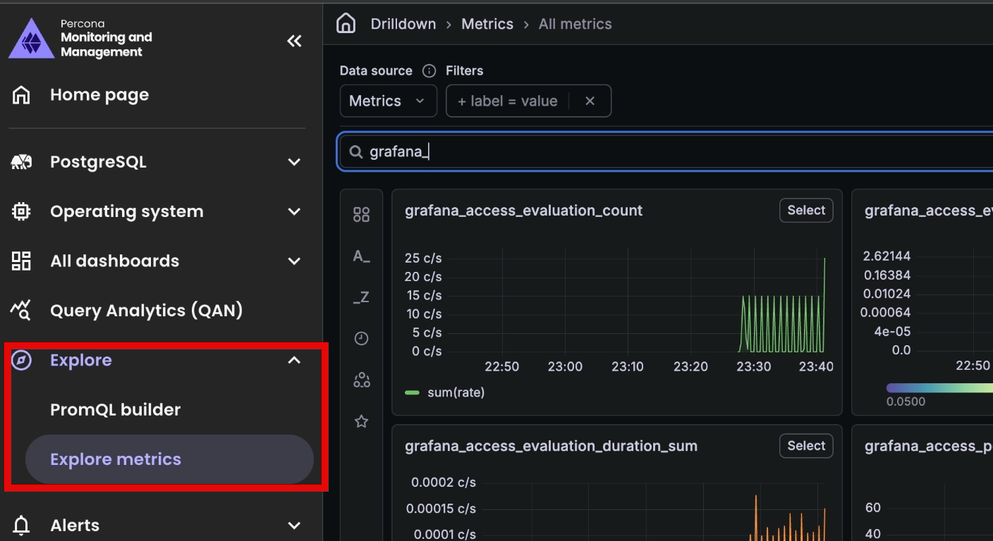 Explore metrics showing label filters