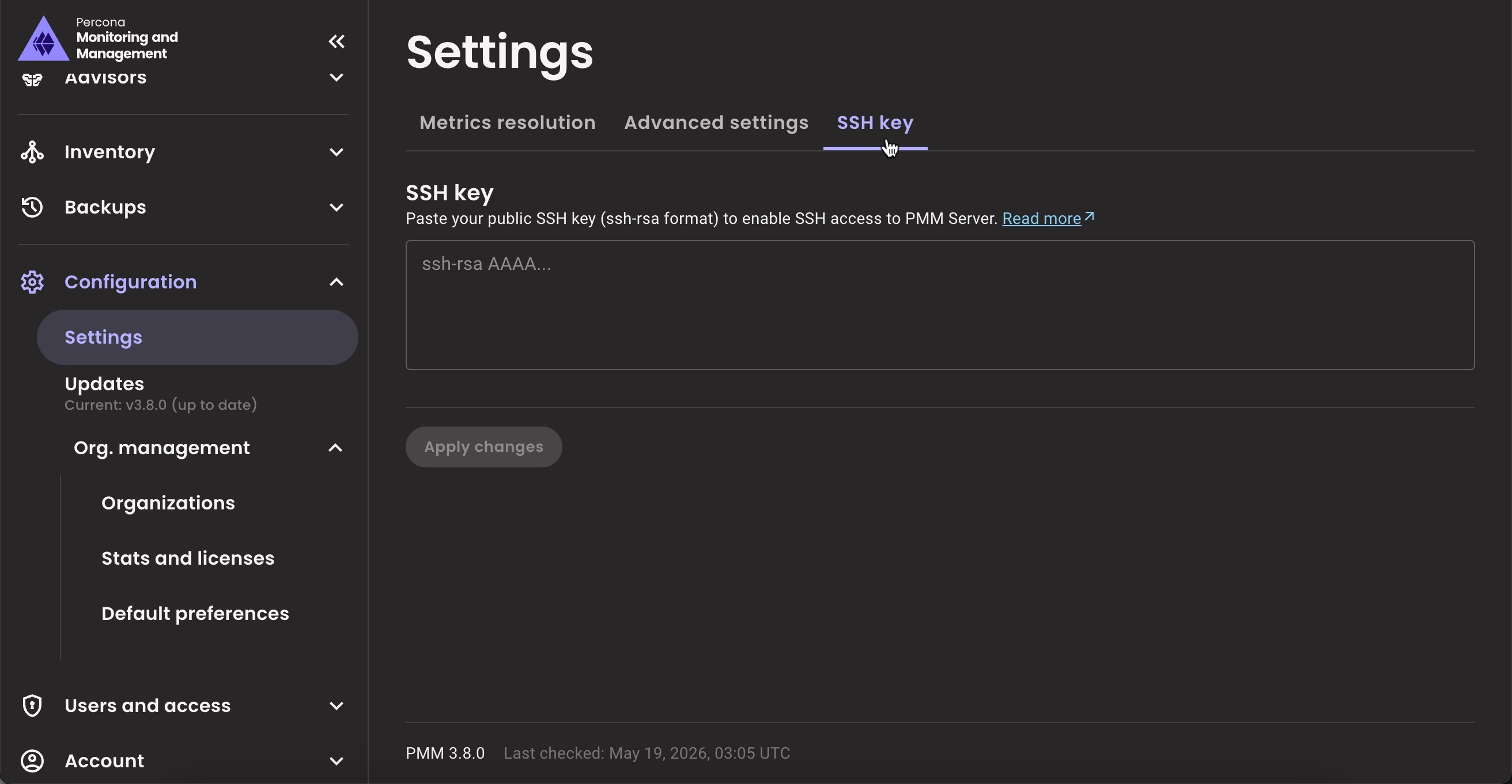 PMM Settings SSH Key