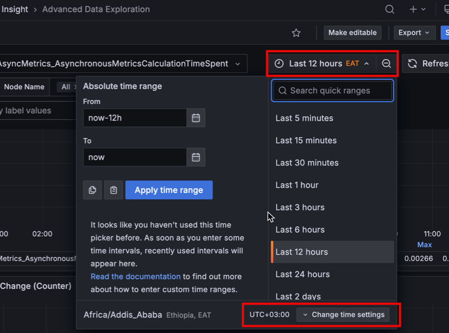 Time range picker showing timezone selector